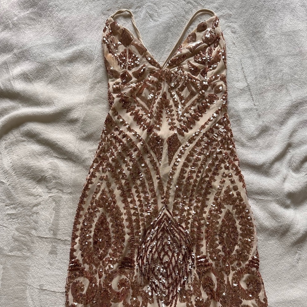 Rose gold open back sequin dress